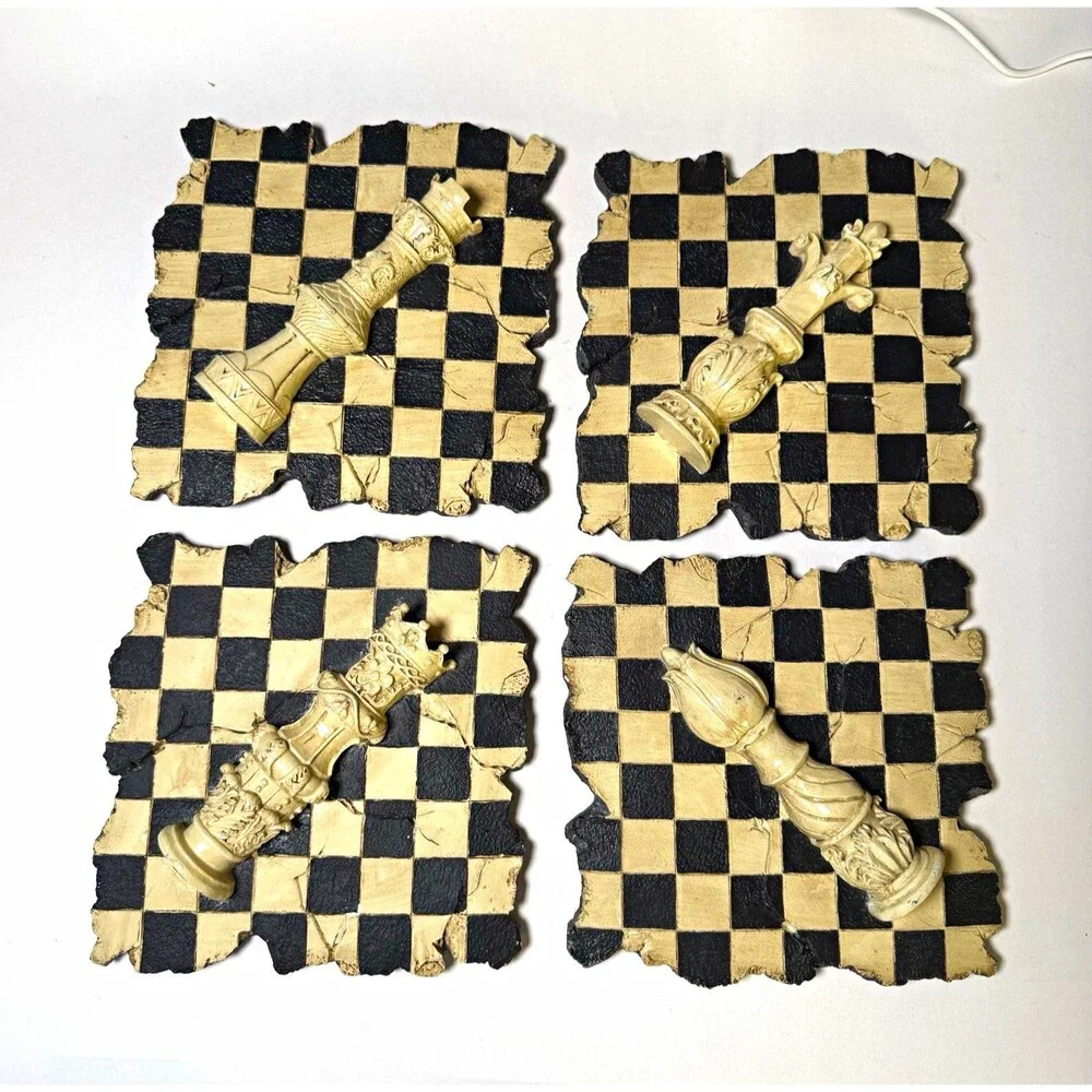 Vintage 3D Chess Piece Wall Plaque Set of 4 Resin Board Game Room Decor